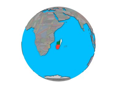 Madagaskar ile katıştırılmış ulusal bayrak mavi siyasi 3d dünya üzerinde. 3d illüstrasyon izole beyaz arka plan üzerinde.