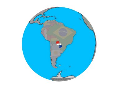 Paraguay ile katıştırılmış ulusal bayrak mavi siyasi 3d dünya üzerinde. 3d illüstrasyon izole beyaz arka plan üzerinde.