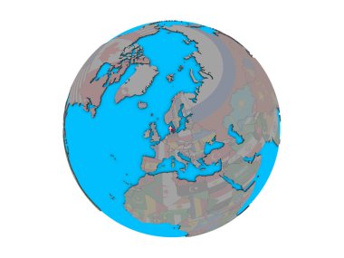 Danimarka ile katıştırılmış ulusal bayrak mavi siyasi 3d dünya üzerinde. 3d illüstrasyon izole beyaz arka plan üzerinde.