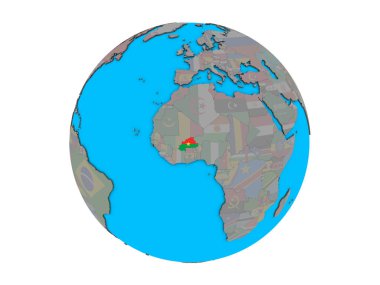 Burkina Faso ile katıştırılmış ulusal bayrak mavi siyasi 3d dünya üzerinde. 3d illüstrasyon izole beyaz arka plan üzerinde.