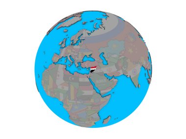 Suriye ile katıştırılmış ulusal bayrak mavi siyasi 3d dünya üzerinde. 3d illüstrasyon izole beyaz arka plan üzerinde.