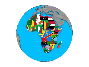 Mavi siyasi 3d dünya üzerinde katıştırılmış ülke bayrakları ile Afrika. 3d illüstrasyon izole beyaz arka plan üzerinde.