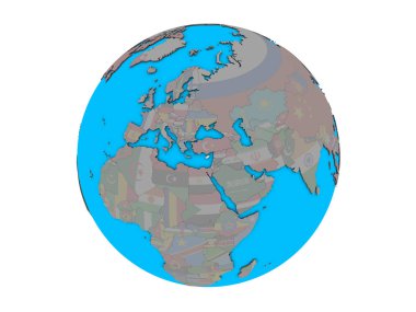 Kıbrıs ile katıştırılmış ulusal bayrak mavi siyasi 3d dünya üzerinde. 3d illüstrasyon izole beyaz arka plan üzerinde.