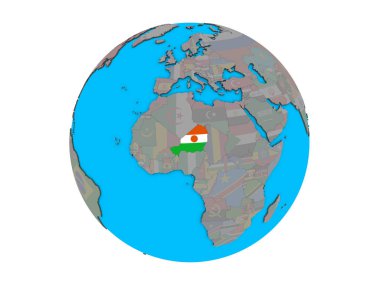Nijer katıştırılmış ulusal bayrak mavi siyasi 3d dünya üzerinde. 3d illüstrasyon izole beyaz arka plan üzerinde.