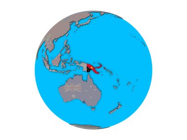 Papua Yeni Gine katıştırılmış ulusal bayrak mavi siyasi 3d dünya üzerinde. 3d illüstrasyon izole beyaz arka plan üzerinde.