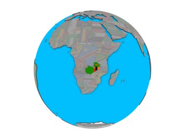 Mavi siyasi 3d dünya üzerinde katıştırılmış ulusal bayrak ile Zambiya. 3d illüstrasyon izole beyaz arka plan üzerinde.