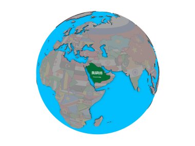 Suudi Arabistan ile katıştırılmış ulusal bayrak mavi siyasi 3d dünya üzerinde. 3d illüstrasyon izole beyaz arka plan üzerinde.