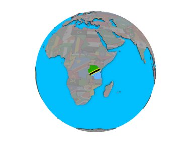 Tanzanya ile katıştırılmış ulusal bayrak mavi siyasi 3d dünya üzerinde. 3d illüstrasyon izole beyaz arka plan üzerinde.