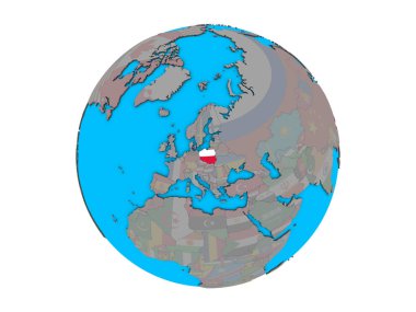 Polonya ile katıştırılmış ulusal bayrak mavi siyasi 3d dünya üzerinde. 3d illüstrasyon izole beyaz arka plan üzerinde.