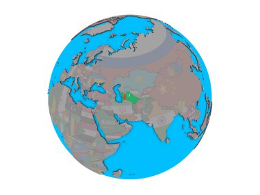 Türkmenistan ile katıştırılmış ulusal bayrak mavi siyasi 3d dünya üzerinde. 3d illüstrasyon izole beyaz arka plan üzerinde.