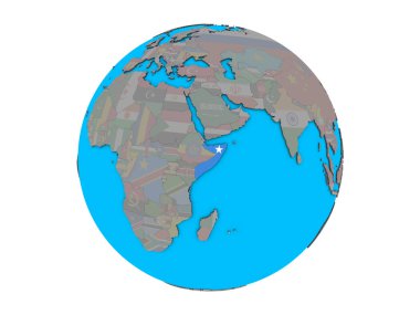 Somali ile katıştırılmış ulusal bayrak mavi siyasi 3d dünya üzerinde. 3d illüstrasyon izole beyaz arka plan üzerinde.