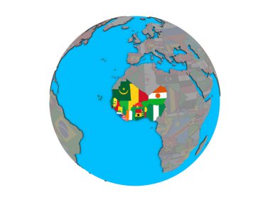 Mavi siyasi 3d dünya üzerinde katıştırılmış ülke bayrakları ile Batı Afrika. 3d illüstrasyon izole beyaz arka plan üzerinde.