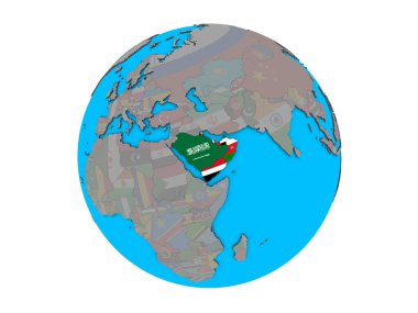 Arabistan mavi siyasi 3d dünya üzerinde katıştırılmış ülke bayrakları ile. 3d illüstrasyon izole beyaz arka plan üzerinde.