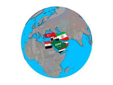 Mavi siyasi 3d dünya üzerinde katıştırılmış ülke bayrakları ile Orta Doğu. 3d illüstrasyon izole beyaz arka plan üzerinde.