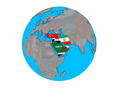 Batı Asya mavi siyasi 3d dünya üzerinde katıştırılmış ülke bayrakları ile. 3d illüstrasyon izole beyaz arka plan üzerinde.