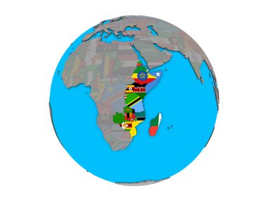 Mavi siyasi 3d dünya üzerinde katıştırılmış ülke bayrakları ile Doğu Afrika. 3d illüstrasyon izole beyaz arka plan üzerinde.