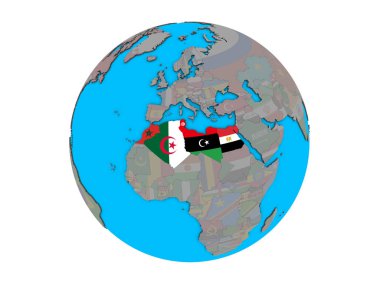 Mavi siyasi 3d dünya üzerinde katıştırılmış ülke bayrakları ile Kuzey Afrika. 3d illüstrasyon izole beyaz arka plan üzerinde.