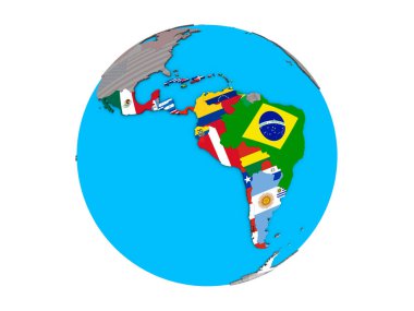 Mavi siyasi 3d dünya üzerinde katıştırılmış ülke bayrakları ile Latin Amerika. 3d illüstrasyon izole beyaz arka plan üzerinde.