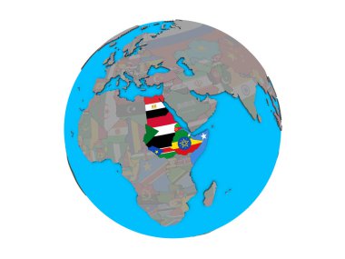 Mavi siyasi 3d dünya üzerinde katıştırılmış ülke bayrakları ile kuzeydoğu Afrika. 3d illüstrasyon izole beyaz arka plan üzerinde.