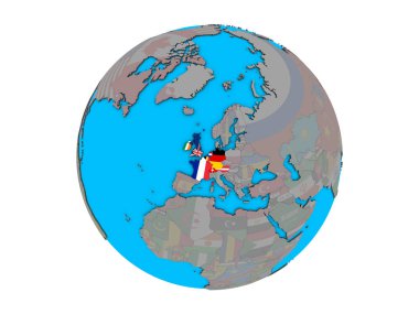 Batı Avrupa ile mavi siyasi 3d dünya üzerinde katıştırılmış ülke bayrakları. 3d illüstrasyon izole beyaz arka plan üzerinde.