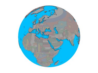 Lübnan ile katıştırılmış ulusal bayrak mavi siyasi 3d dünya üzerinde. 3d illüstrasyon izole beyaz arka plan üzerinde.