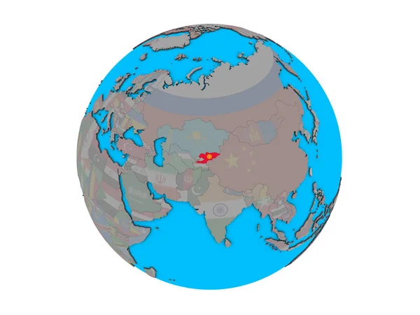 吉尔吉斯斯坦在蓝色政治3D 地球上嵌入国旗 例证查出在白色背景 — 图库照片