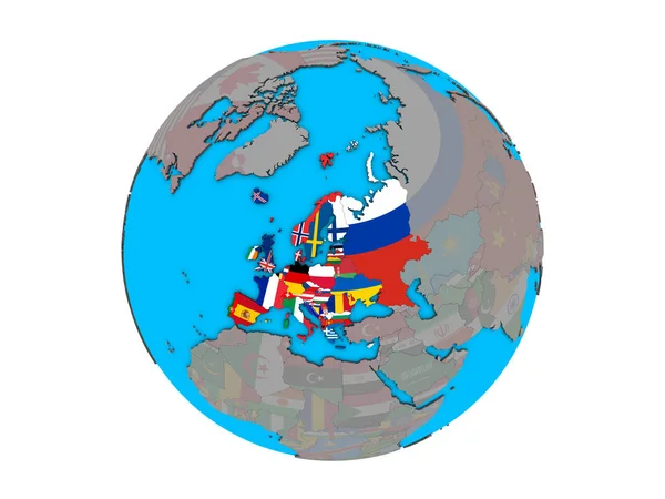 Европа Встроенными Национальными Флагами Голубом Политическом Глобусе Иллюстрация Белом Фоне — стоковое фото