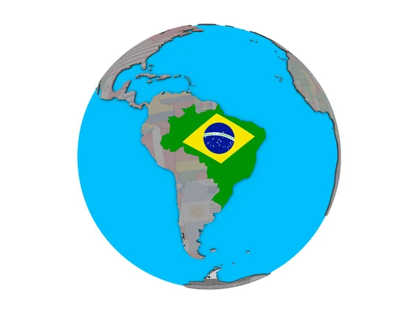 Brazília Beágyazott Nemzeti Zászló Kék Politikai Földgömb Illusztráció Elszigetelt Fehér — Stock Fotó