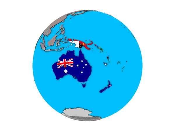 Australie Avec Des Drapeaux Nationaux Intégrés Sur Globe Politique Bleu — Photo
