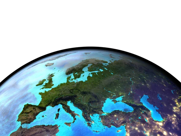 Európa Űrből Rendkívül Magas Részlete Bolygó Felszíni Látható Város Fényei — Stock Fotó