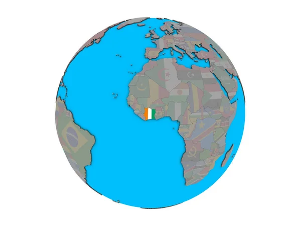 Кот Ивуар Встроенным Национальным Флагом Голубом Политическом Глобусе Иллюстрация Белом — стоковое фото
