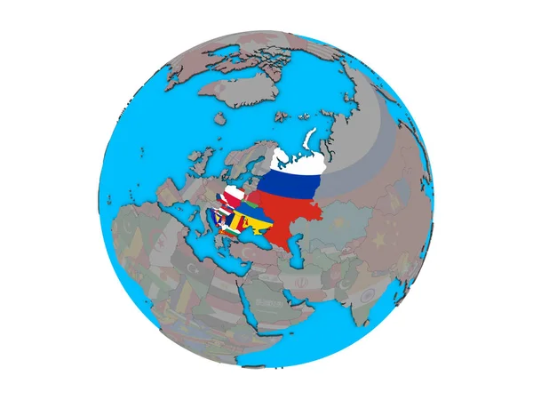 Mavi Siyasi Dünya Üzerinde Katıştırılmış Ülke Bayrakları Ile Doğu Avrupa — Stok fotoğraf