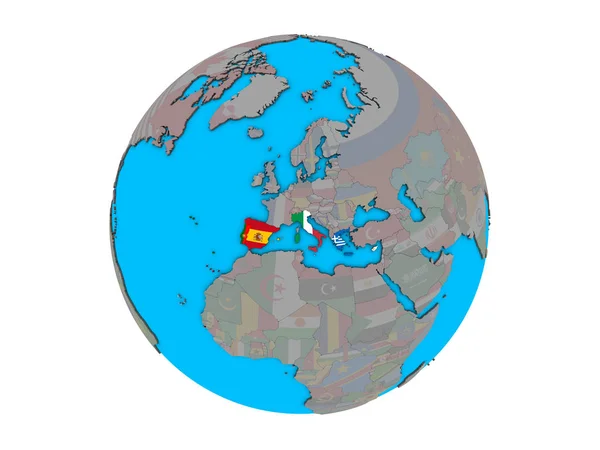 Güney Avrupa Mavi Siyasi Dünya Üzerinde Katıştırılmış Ülke Bayrakları Ile — Stok fotoğraf