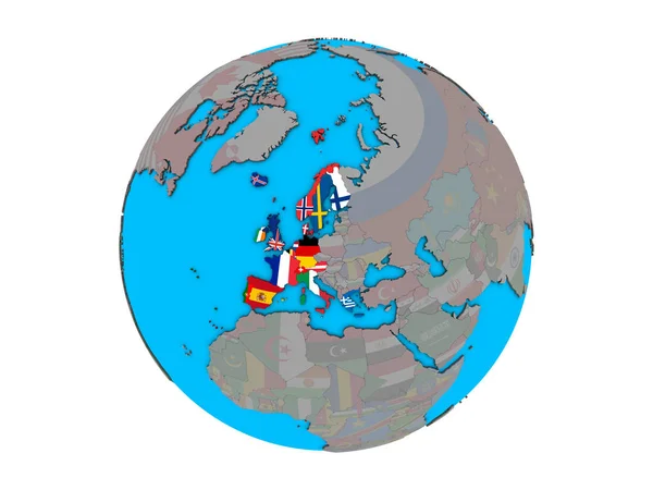 Western Europe Embedded National Flags Blue Political Globe Illustration Isolated — Stock Photo, Image
