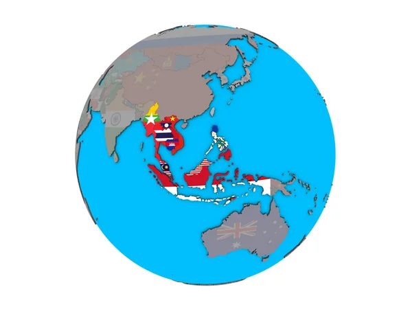 Zuidoost Azië Met Ingesloten Nationale Vlaggen Blauwe Politieke Globe Illustratie — Stockfoto