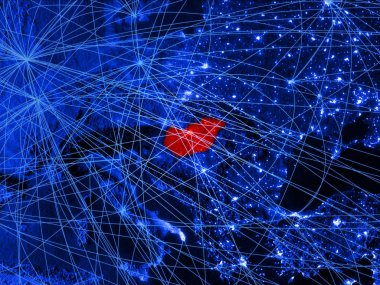 Macaristan ağları ile mavi dijital harita üzerinde. Uluslararası seyahat, iletişim ve teknoloji kavramı. 3D çizim. Nasa tarafından döşenmiş bu görüntü unsurları.