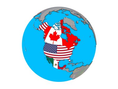 NAFTA ülkeleri mavi siyasi 3d dünya üzerinde katıştırılmış ülke bayrakları ile. 3d illüstrasyon izole beyaz arka plan üzerinde.