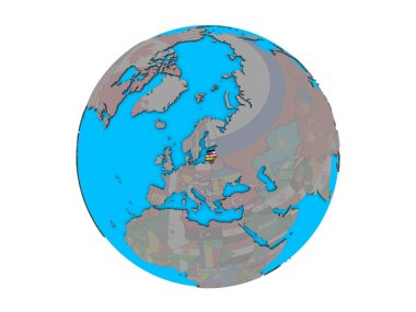 Mavi siyasi 3d dünya üzerinde katıştırılmış ülke bayrakları ile Baltık ülkeleri. 3d illüstrasyon izole beyaz arka plan üzerinde.