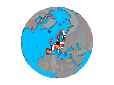 Schengen alanı üyeleri mavi siyasi 3d dünya üzerinde katıştırılmış ülke bayrakları ile. 3d illüstrasyon izole beyaz arka plan üzerinde.