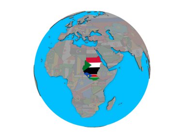 Eski Sudan mavi siyasi 3d dünya üzerinde katıştırılmış ülke bayrakları ile. 3d illüstrasyon izole beyaz arka plan üzerinde.