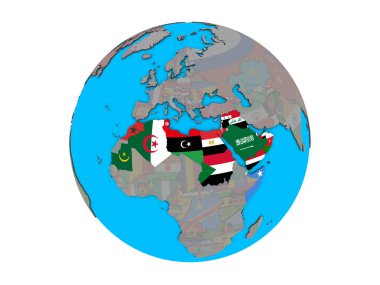 Arap Birliği mavi siyasi 3d dünya üzerinde katıştırılmış ülke bayrakları ile. 3d illüstrasyon izole beyaz arka plan üzerinde.