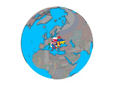 CEI ülkeler mavi siyasi 3d dünya üzerinde katıştırılmış ülke bayrakları ile. 3d illüstrasyon izole beyaz arka plan üzerinde.