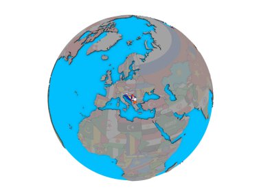 Mavi siyasi 3d dünya üzerinde katıştırılmış ülke bayrakları ile eski Yugoslavya. 3d illüstrasyon izole beyaz arka plan üzerinde.