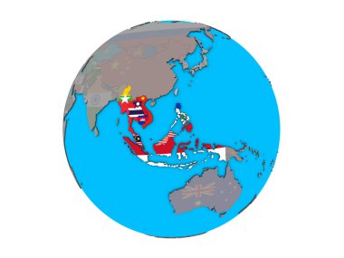 ASEAN ülkeleri mavi siyasi 3d dünya üzerinde katıştırılmış ülke bayrakları ile. 3d illüstrasyon izole beyaz arka plan üzerinde.