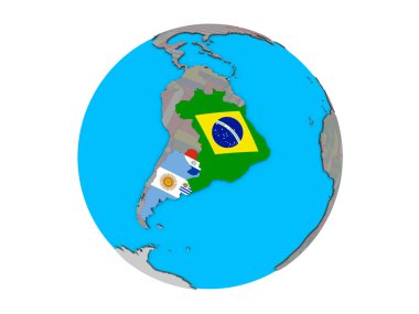 Mercosur memebers mavi siyasi 3d dünya üzerinde katıştırılmış ülke bayrakları ile. 3d illüstrasyon izole beyaz arka plan üzerinde.