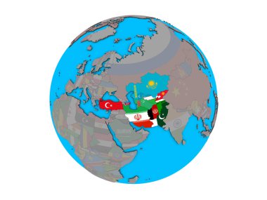 Eko üye devletler mavi siyasi 3d dünya üzerinde katıştırılmış ülke bayrakları ile. 3d illüstrasyon izole beyaz arka plan üzerinde.