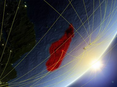 Madagaskar modeli bir gündoğumu sırasında ağ ile dünya gezegeni. Yeni teknoloji, iletişim ve seyahat kavramı. 3D çizim. Nasa tarafından döşenmiş bu görüntü unsurları.