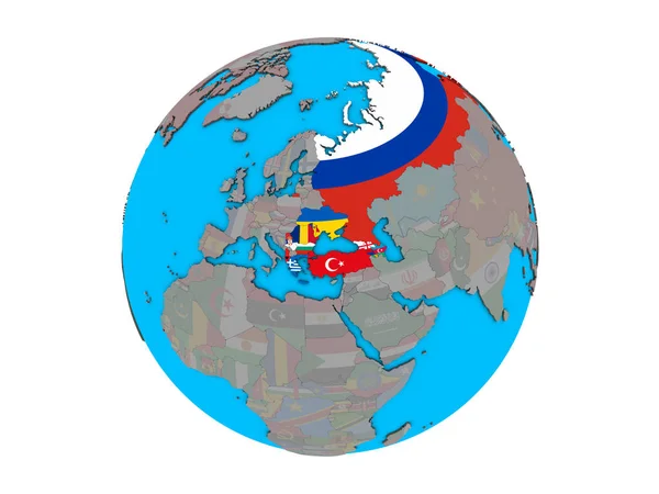 Bsec Länder Med Inbäddade Nationsflaggor Blå Politiska Klot Illustration Isolerade — Stockfoto