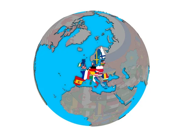 Европейский Союз Встроенными Национальными Флагами Голубом Политическом Глобусе Иллюстрация Белом — стоковое фото