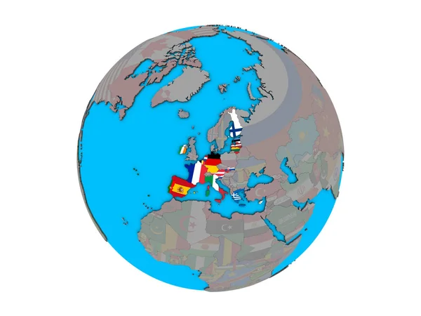 Euroalueen Jäsenvaltiot Joilla Sulautetut Kansalliset Liput Sinisellä Poliittisella Pallolla Kuva — kuvapankkivalokuva